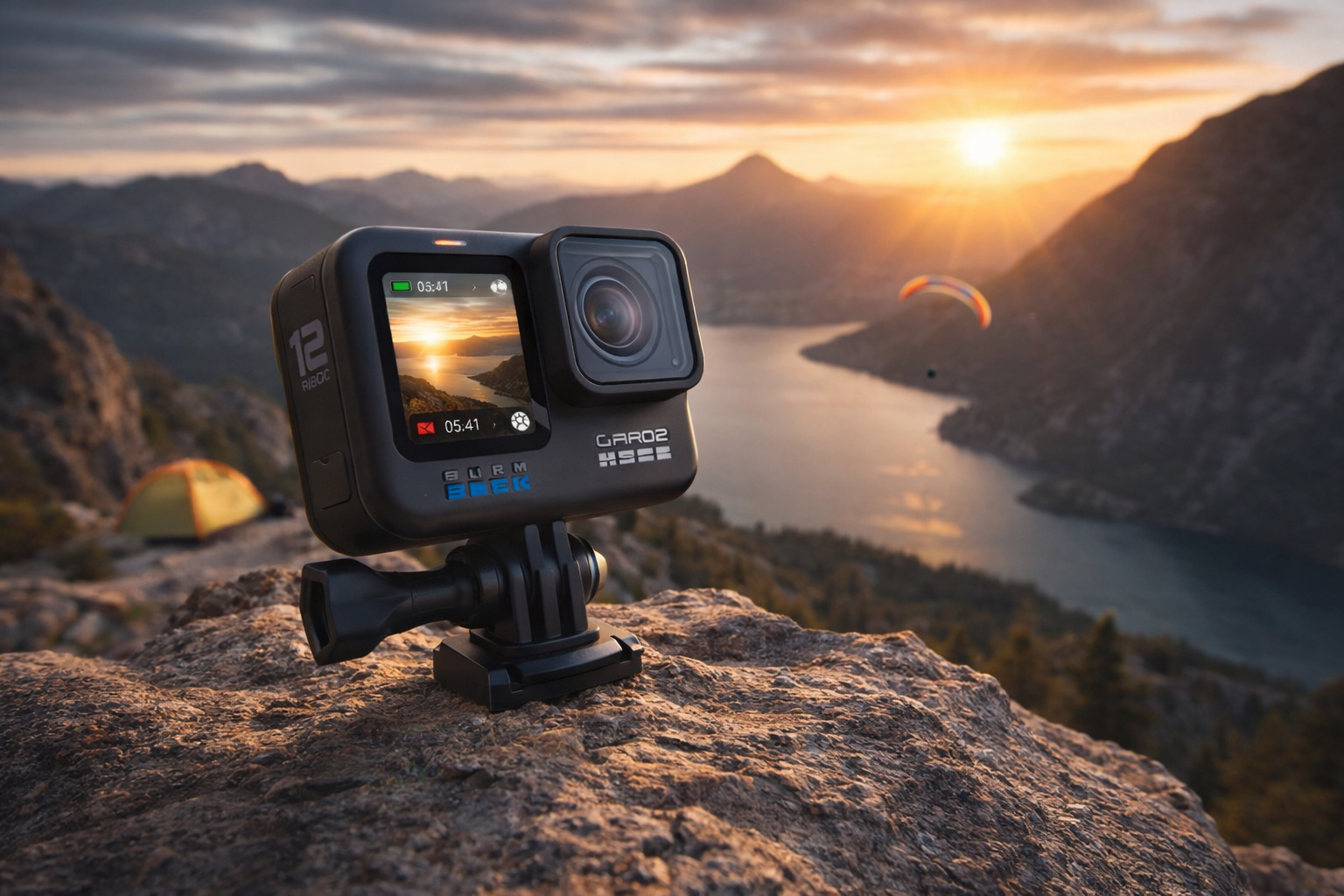 GoPro am sonnigen Berghorizont